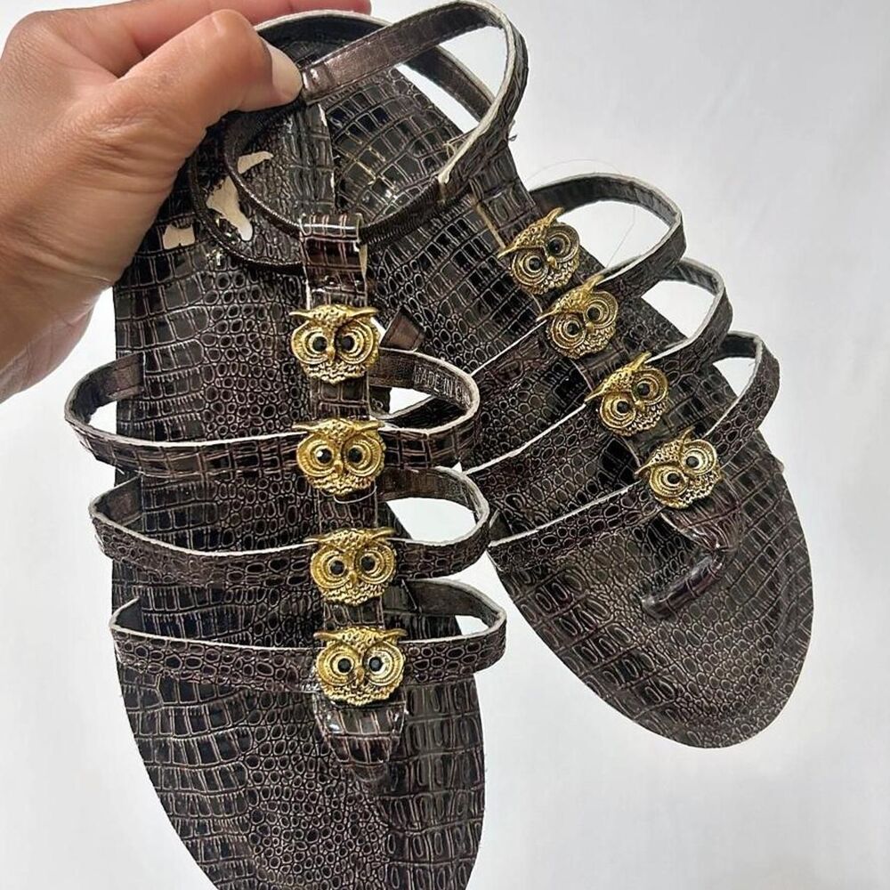 Brown Gladiator Style Flat Sandals w/Gold Owl Detail